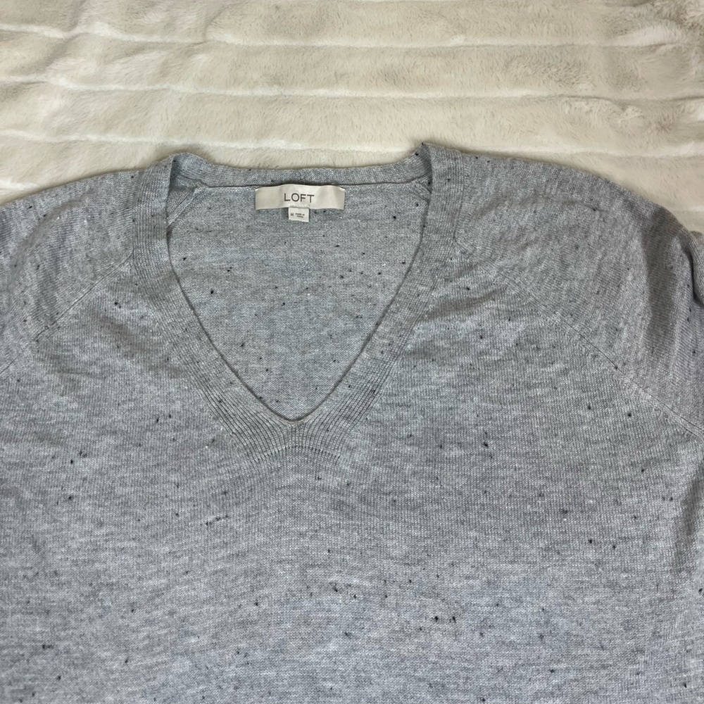 Loft M Very Oversize Light Grey Ribbed Hem Fall Winter Preppy Tight Knit Sweater